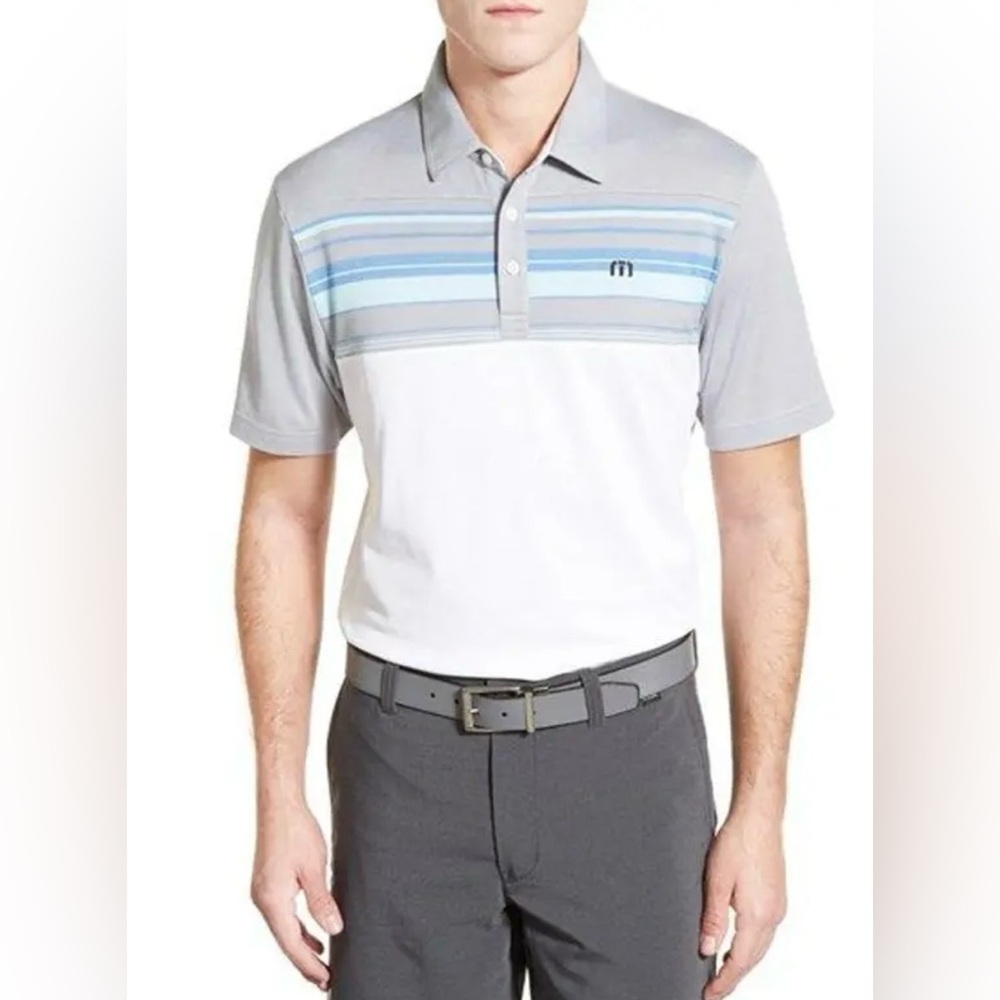 Travis Mathew Leeway Stripe Pima Cotton Jersey Golf Polo White Gray Mens…